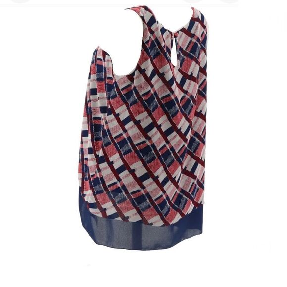 C Wonder Slvless Woven Printed Chiffon Tiered Top Red Blue Multi - Picture 3 of 4